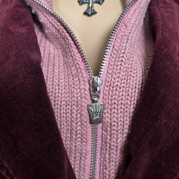 Y2K Lady Dutch Fitted Jacket Coat Size L Burgundy Corduroy Pink Knit Hooded - Picture 2 of 16